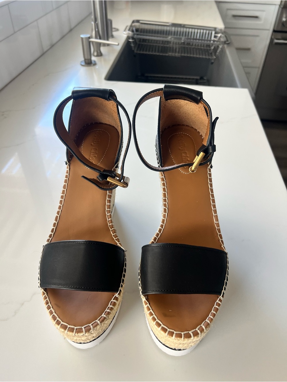 See By Chloe Black Leather Ankle-Strap Espadrille Wedge Sandals
